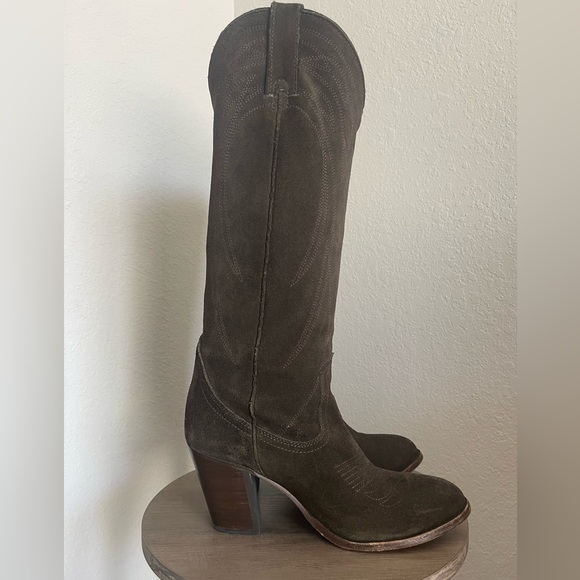 Frye Olive Suede Heeled Pull-On Cowboy Boots - Picture 11 of 15